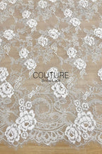 Corded Chantilly French Lace: White Allover Rose Vine Clusters with Scrolling Cartouche Scalloped Border, 3 Meters