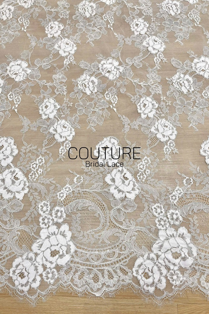 Corded Chantilly French Lace: White Allover Rose Vine Clusters with Scrolling Cartouche Scalloped Border, 3 Meters