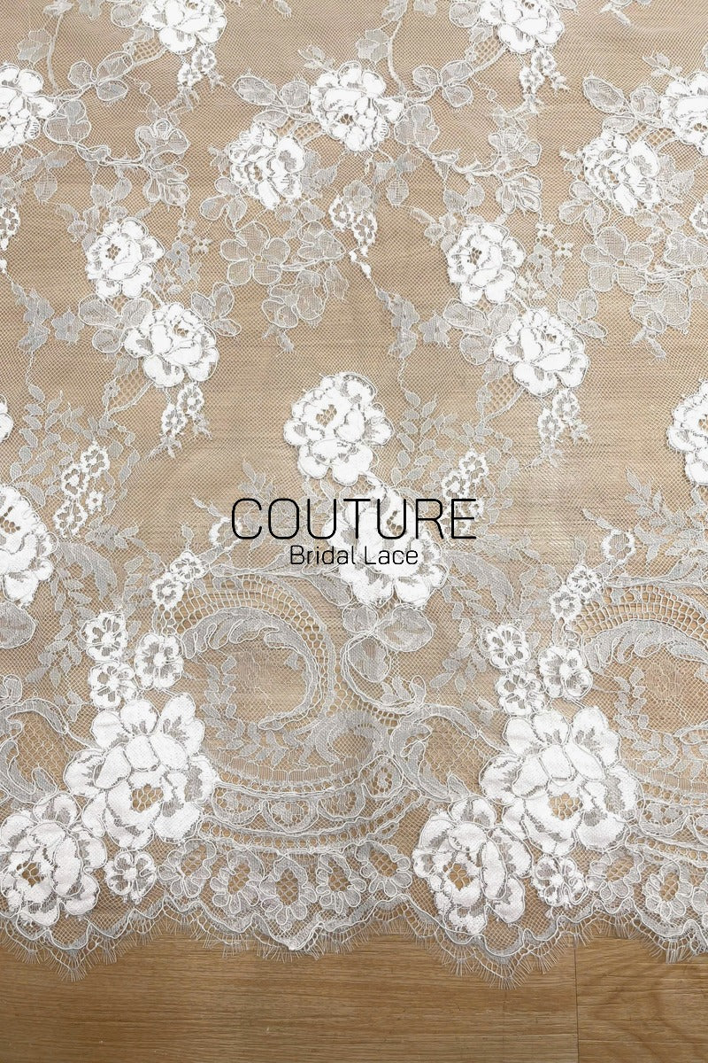Corded Chantilly French Lace: White Allover Rose Vine Clusters with Scrolling Cartouche Scalloped Border, 3 Meters
