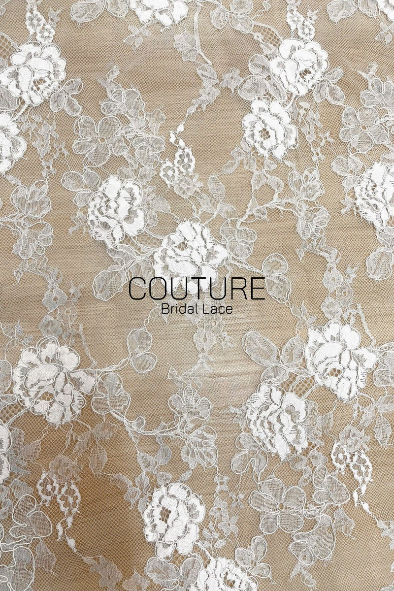Corded Chantilly French Lace: White Allover Rose Vine Clusters with Scrolling Cartouche Scalloped Border, 3 Meters