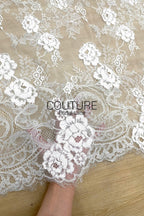 Corded Chantilly French Lace: White Allover Rose Vine Clusters with Scrolling Cartouche Scalloped Border, 3 Meters