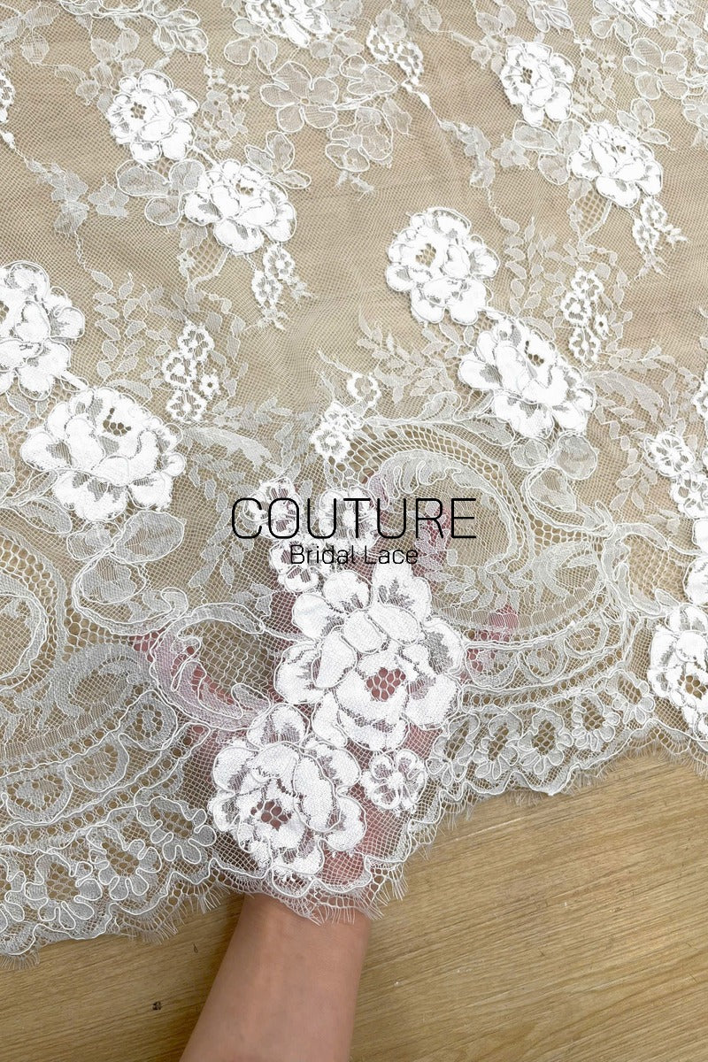 Corded Chantilly French Lace: White Allover Rose Vine Clusters with Scrolling Cartouche Scalloped Border, 3 Meters