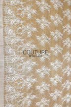 Corded Chantilly French Lace: White Scattered Branching Floral Sprays with Rose Medallion Scalloped Border, 3 Meters