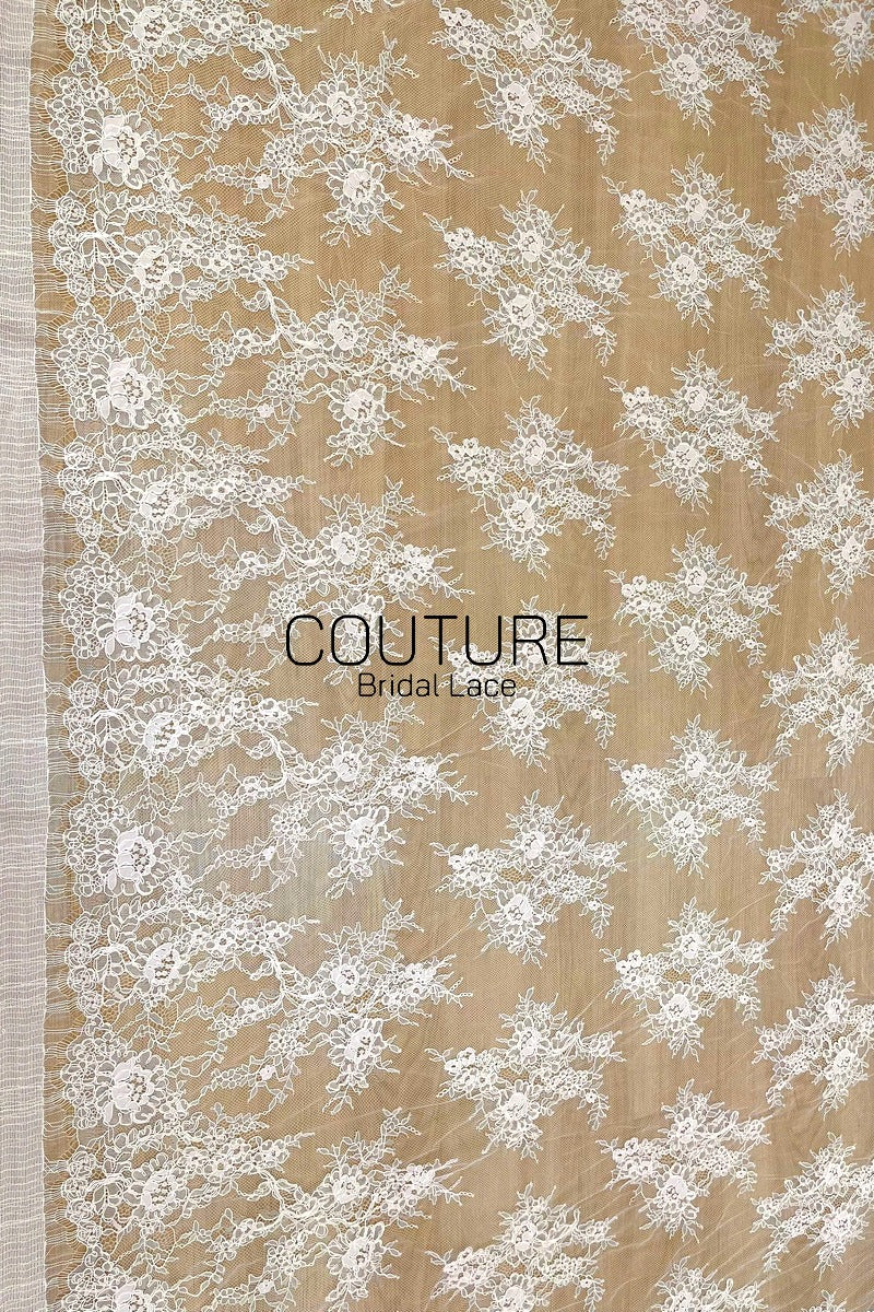 Corded Chantilly French Lace: White Scattered Branching Floral Sprays with Rose Medallion Scalloped Border, 3 Meters