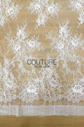 Corded Chantilly French Lace: White Scattered Branching Floral Sprays with Rose Medallion Scalloped Border, 3 Meters