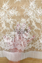 Corded Chantilly French Lace: White Scattered Branching Floral Sprays with Rose Medallion Scalloped Border, 3 Meters