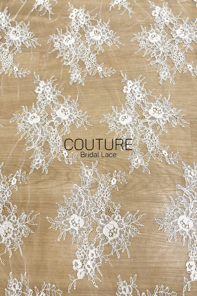 Corded Chantilly French Lace: White Scattered Branching Floral Sprays with Rose Medallion Scalloped Border, 3 Meters