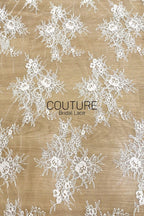 Corded Chantilly French Lace: White Scattered Branching Floral Sprays with Rose Medallion Scalloped Border, 3 Meters