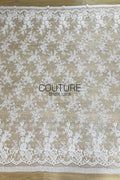 Corded Chantilly French Lace: White Scattered Floral Spray with Dotted Tulle and Eyelash Scalloped Border, 3 Meters