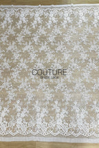 Corded Chantilly French Lace: White Scattered Floral Spray with Dotted Tulle and Eyelash Scalloped Border, 3 Meters
