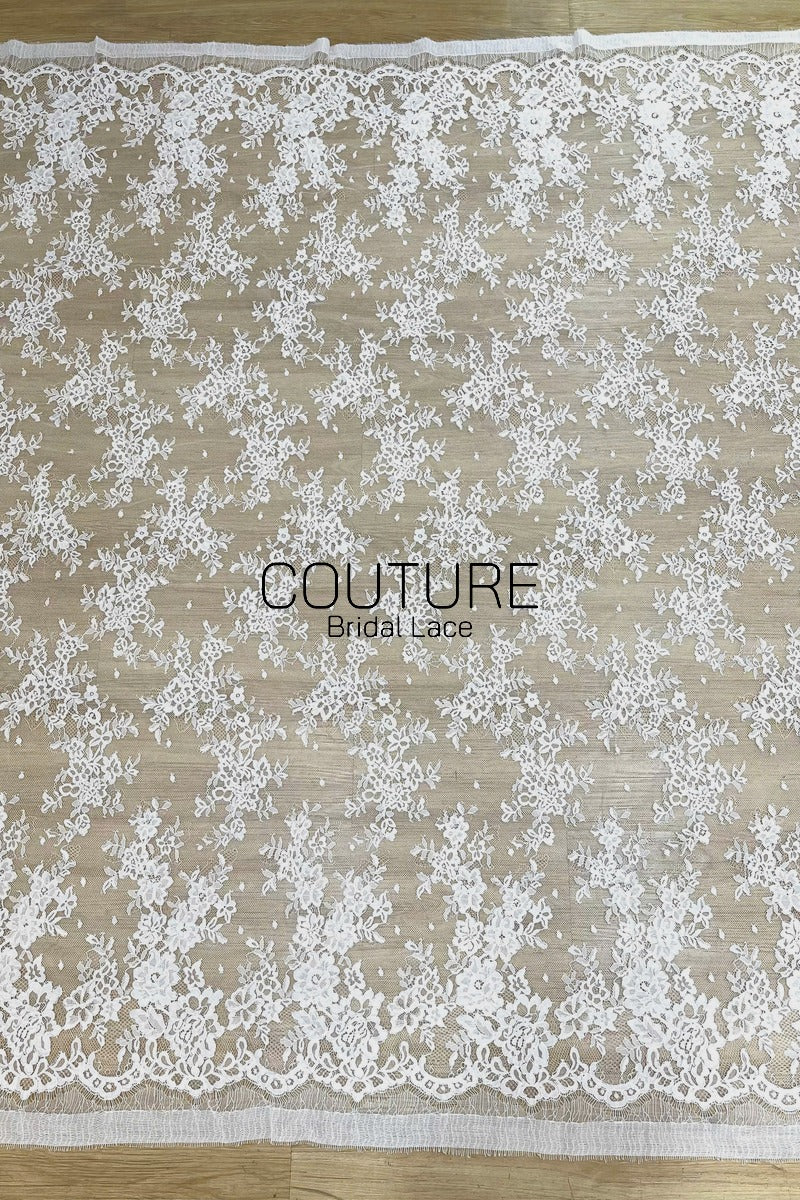 Corded Chantilly French Lace: White Scattered Floral Spray with Dotted Tulle and Eyelash Scalloped Border, 3 Meters