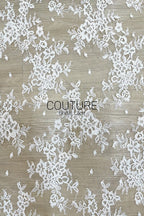 Corded Chantilly French Lace: White Scattered Floral Spray with Dotted Tulle and Eyelash Scalloped Border, 3 Meters