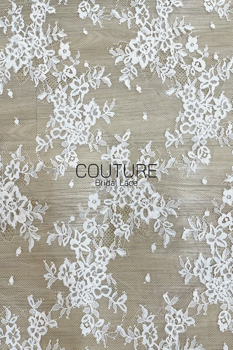 Corded Chantilly French Lace: White Scattered Floral Spray with Dotted Tulle and Eyelash Scalloped Border, 3 Meters