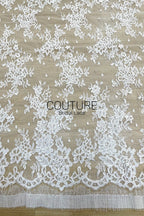 Corded Chantilly French Lace: White Scattered Floral Spray with Dotted Tulle and Eyelash Scalloped Border, 3 Meters