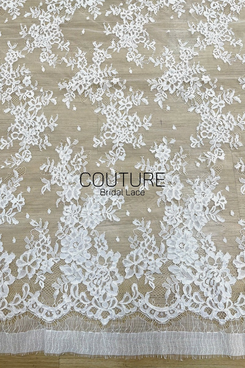 Corded Chantilly French Lace: White Scattered Floral Spray with Dotted Tulle and Eyelash Scalloped Border, 3 Meters