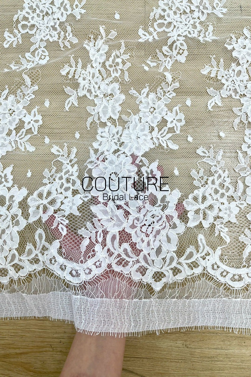 Corded Chantilly French Lace: White Scattered Floral Spray with Dotted Tulle and Eyelash Scalloped Border, 3 Meters