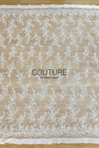 Chantilly French Lace: White Scattered Delicate Floral Sprigs with Floral Petal Scalloped Border, 3 Meters