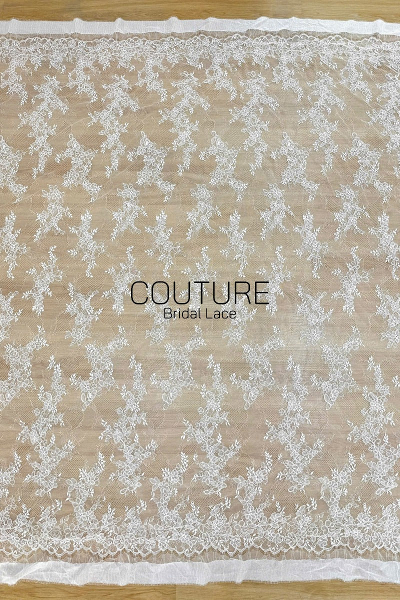 Chantilly French Lace: White Scattered Delicate Floral Sprigs with Floral Petal Scalloped Border, 3 Meters