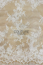 Chantilly French Lace: White Scattered Delicate Floral Sprigs with Floral Petal Scalloped Border, 3 Meters