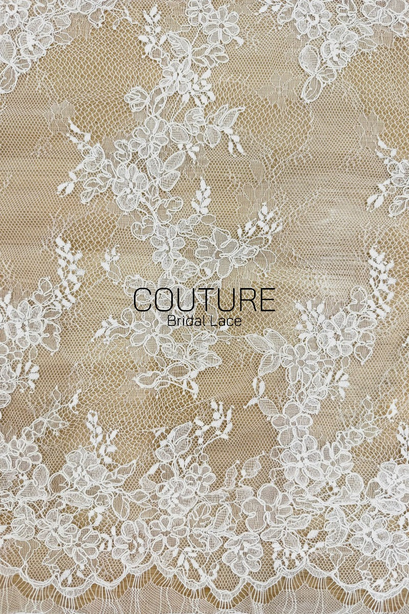 Chantilly French Lace: White Scattered Delicate Floral Sprigs with Floral Petal Scalloped Border, 3 Meters