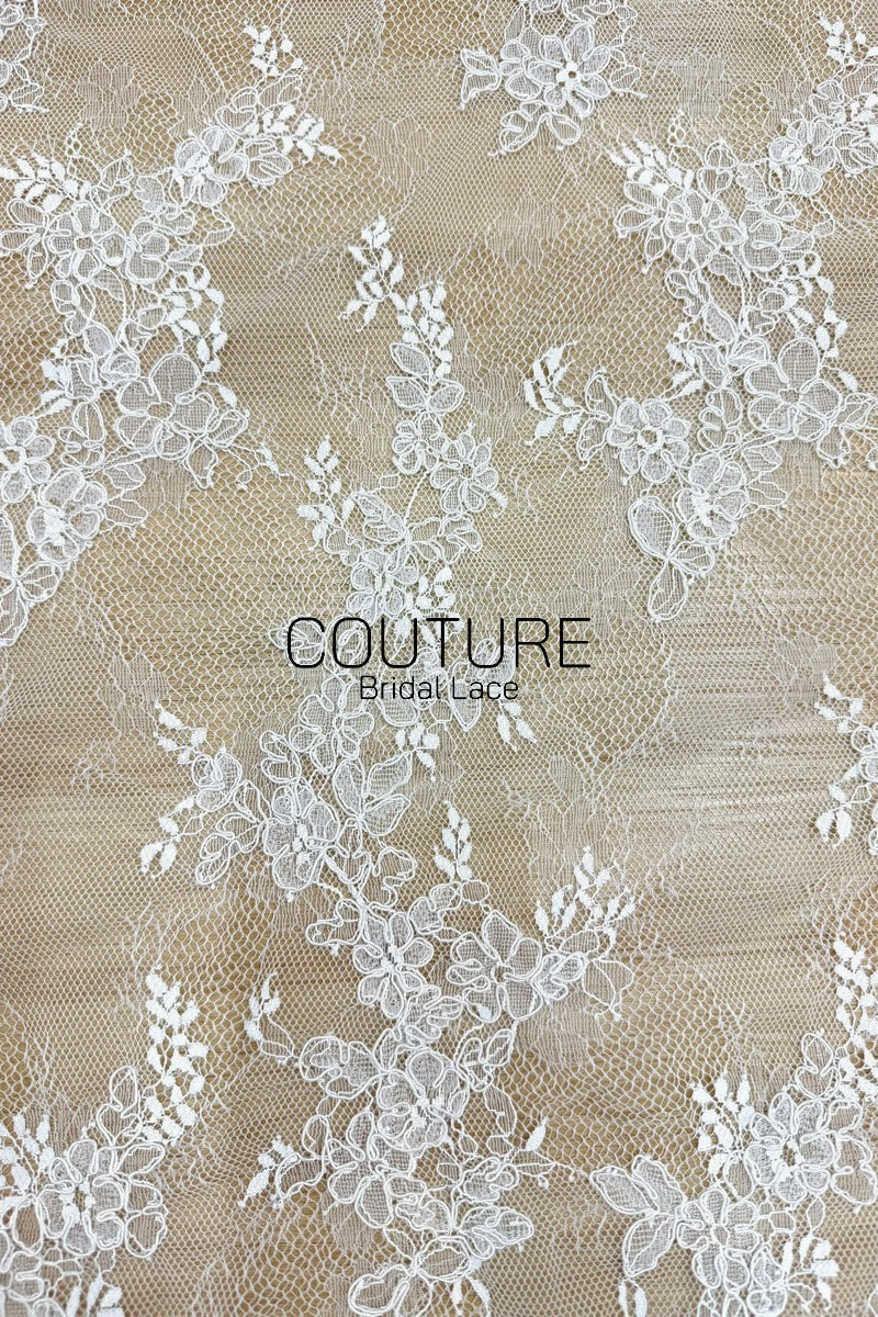 Chantilly French Lace: White Scattered Delicate Floral Sprigs with Floral Petal Scalloped Border, 3 Meters
