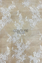 Chantilly French Lace: White Scattered Delicate Floral Sprigs with Floral Petal Scalloped Border, 3 Meters
