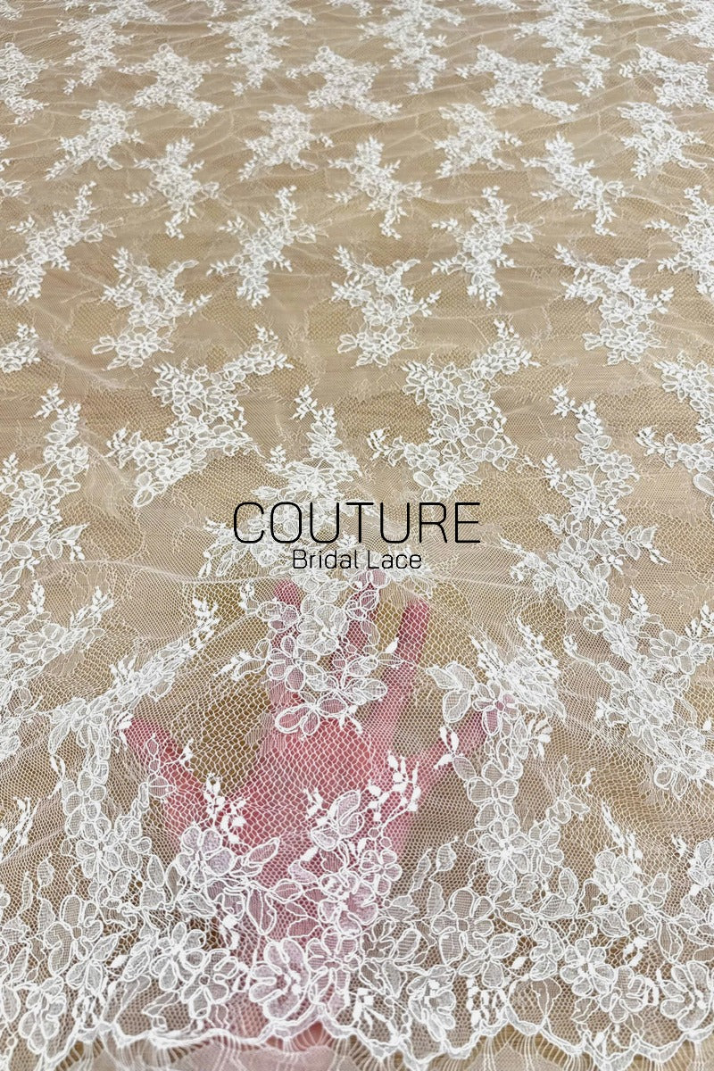Chantilly French Lace: White Scattered Delicate Floral Sprigs with Floral Petal Scalloped Border, 3 Meters