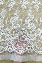 Corded Chantilly French Lace: White Vertical Floral Sprays with Ornate Arch Scalloped Border, 3 Meters