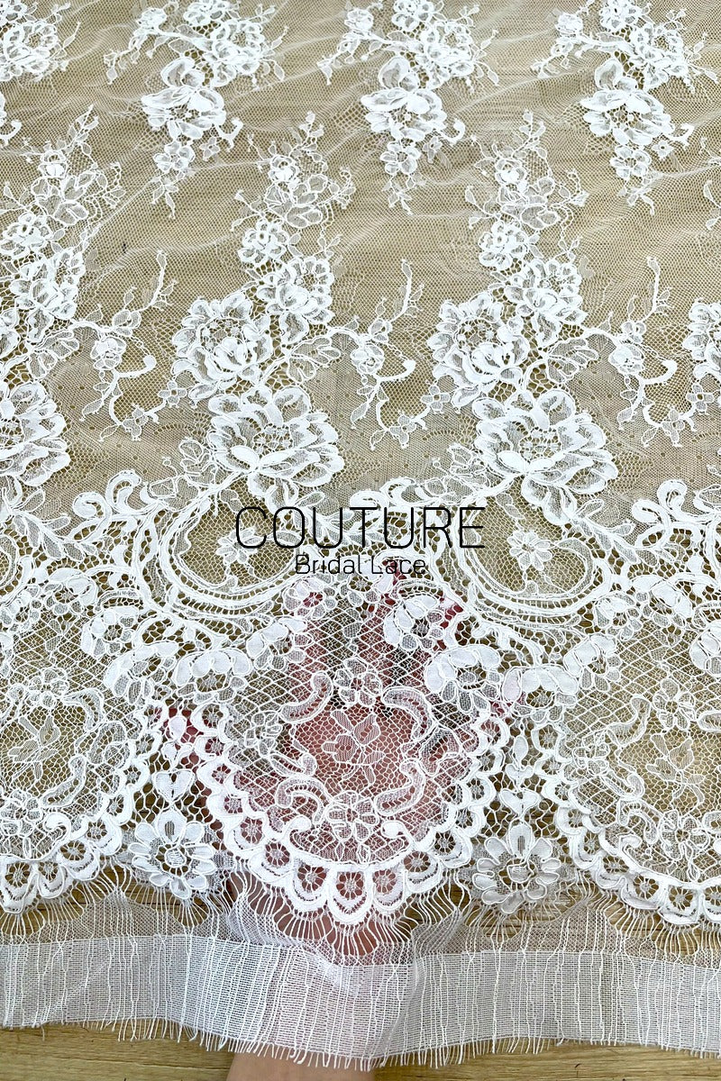Corded Chantilly French Lace: White Vertical Floral Sprays with Ornate Arch Scalloped Border, 3 Meters