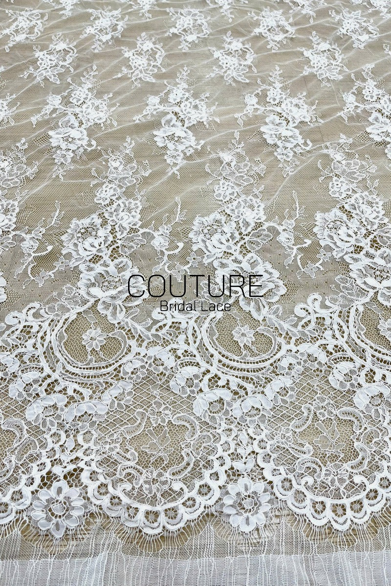 Corded Chantilly French Lace: White Vertical Floral Sprays with Ornate Arch Scalloped Border, 3 Meters