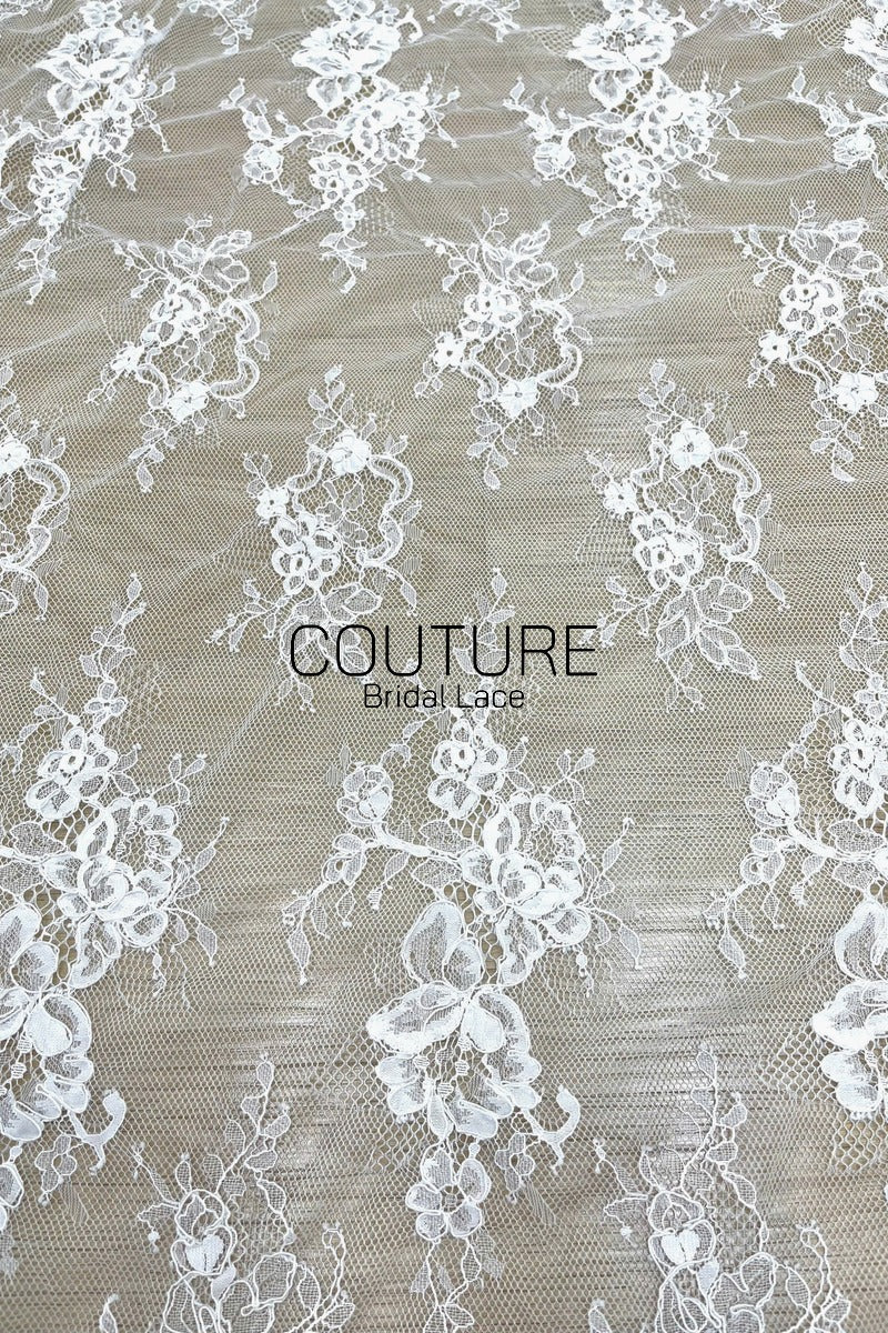 Corded Chantilly French Lace: White Vertical Floral Sprays with Ornate Arch Scalloped Border, 3 Meters