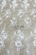 Corded Chantilly French Lace: White Vertical Floral Sprays with Ornate Arch Scalloped Border, 3 Meters