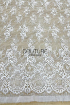 Corded Chantilly French Lace: White Vertical Floral Sprays with Ornate Arch Scalloped Border, 3 Meters