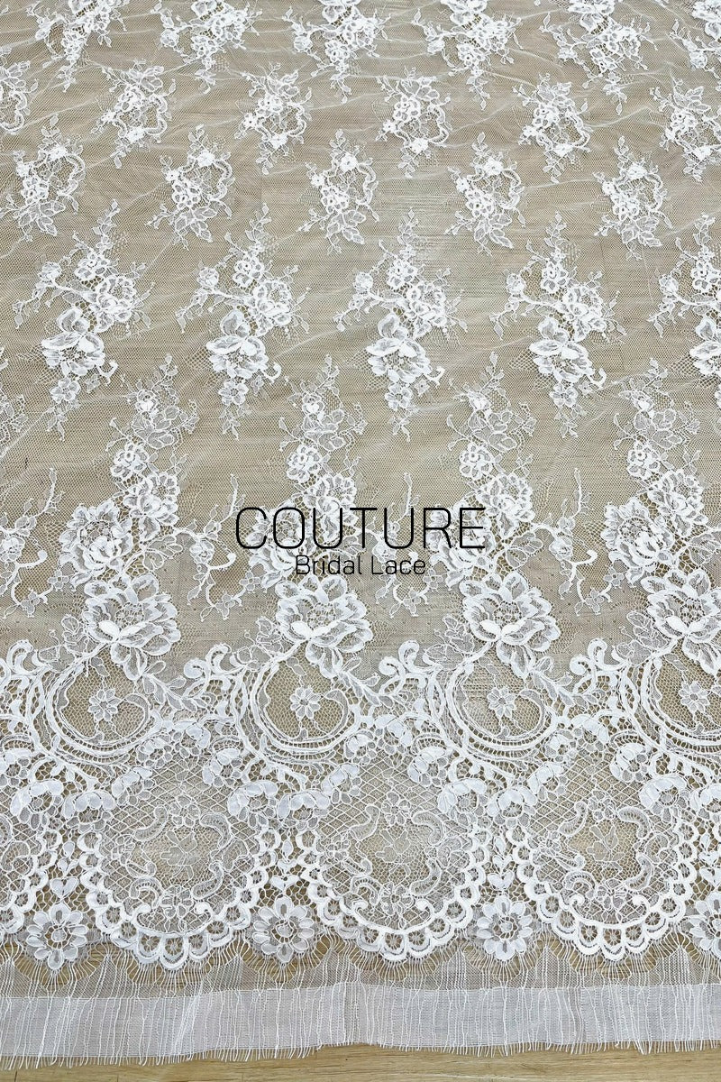 Corded Chantilly French Lace: White Vertical Floral Sprays with Ornate Arch Scalloped Border, 3 Meters