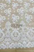 Corded Chantilly French Lace: White Floral Clusters with Fleur-de-lis Accents and Baroque Cartouche Scalloped Border, 3 Meters