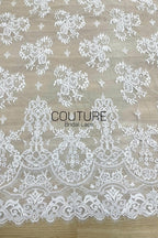 Corded Chantilly French Lace: White Floral Clusters with Fleur-de-lis Accents and Baroque Cartouche Scalloped Border, 3 Meters