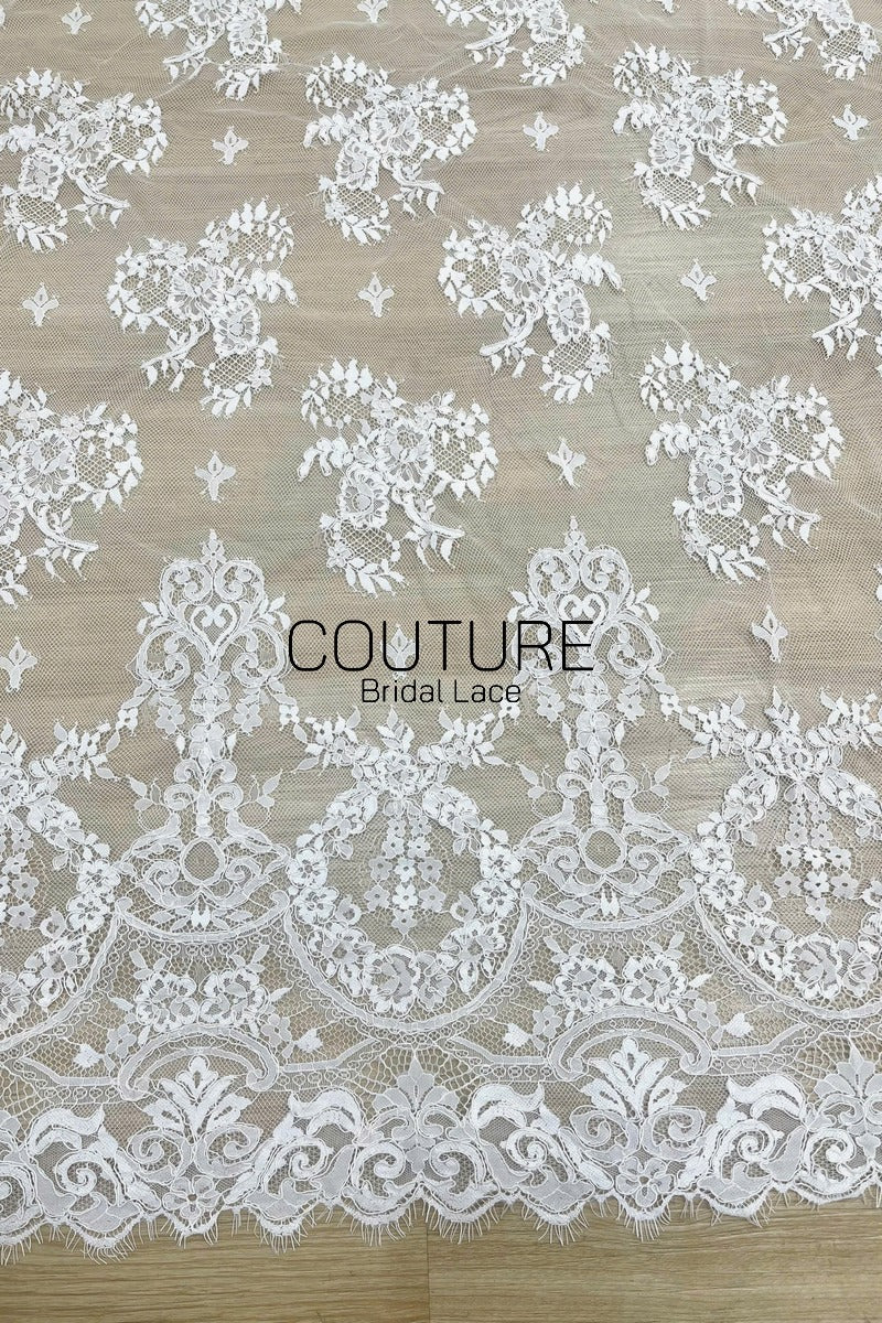 Corded Chantilly French Lace: White Floral Clusters with Fleur-de-lis Accents and Baroque Cartouche Scalloped Border, 3 Meters