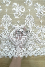 Corded Chantilly French Lace: White Floral Clusters with Fleur-de-lis Accents and Baroque Cartouche Scalloped Border, 3 Meters