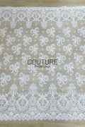 Corded Chantilly French Lace: White Floral Clusters with Fleur-de-lis Accents and Baroque Cartouche Scalloped Border, 3 Meters