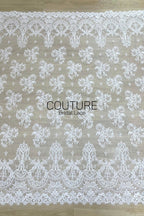 Corded Chantilly French Lace: White Floral Clusters with Fleur-de-lis Accents and Baroque Cartouche Scalloped Border, 3 Meters