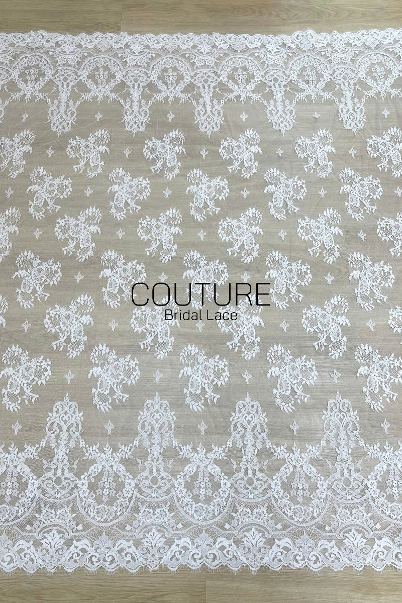 Corded Chantilly French Lace: White Floral Clusters with Fleur-de-lis Accents and Baroque Cartouche Scalloped Border, 3 Meters