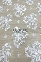 Corded Chantilly French Lace: White Floral Clusters with Fleur-de-lis Accents and Baroque Cartouche Scalloped Border, 3 Meters