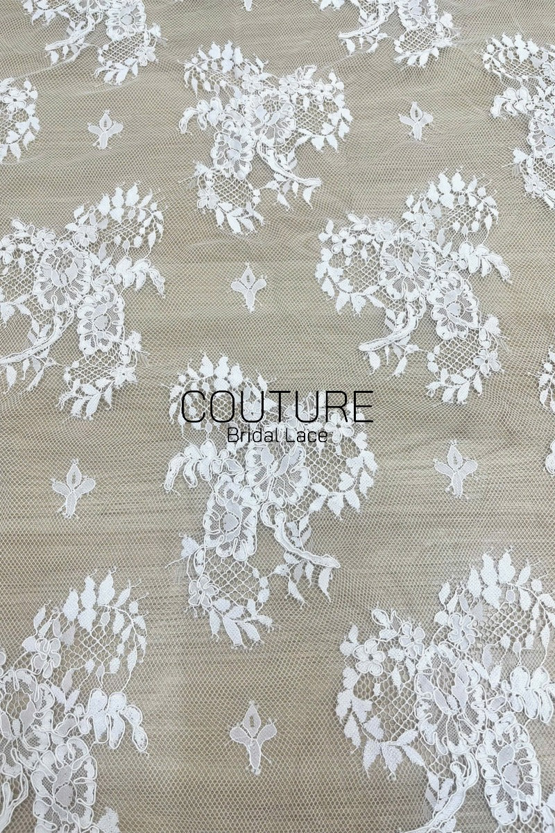 Corded Chantilly French Lace: White Floral Clusters with Fleur-de-lis Accents and Baroque Cartouche Scalloped Border, 3 Meters