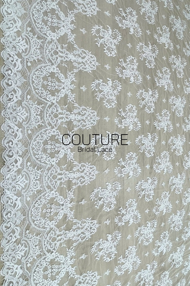 Corded Chantilly French Lace: White Floral Clusters with Fleur-de-lis Accents and Baroque Cartouche Scalloped Border, 3 Meters