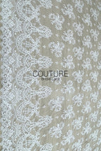 Corded Chantilly French Lace: White Floral Clusters with Fleur-de-lis Accents and Baroque Cartouche Scalloped Border, 3 Meters