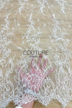 Corded Chantilly French Lace: White Trailing Vine Waterfall with Floral Scalloped Border, 3 Meters