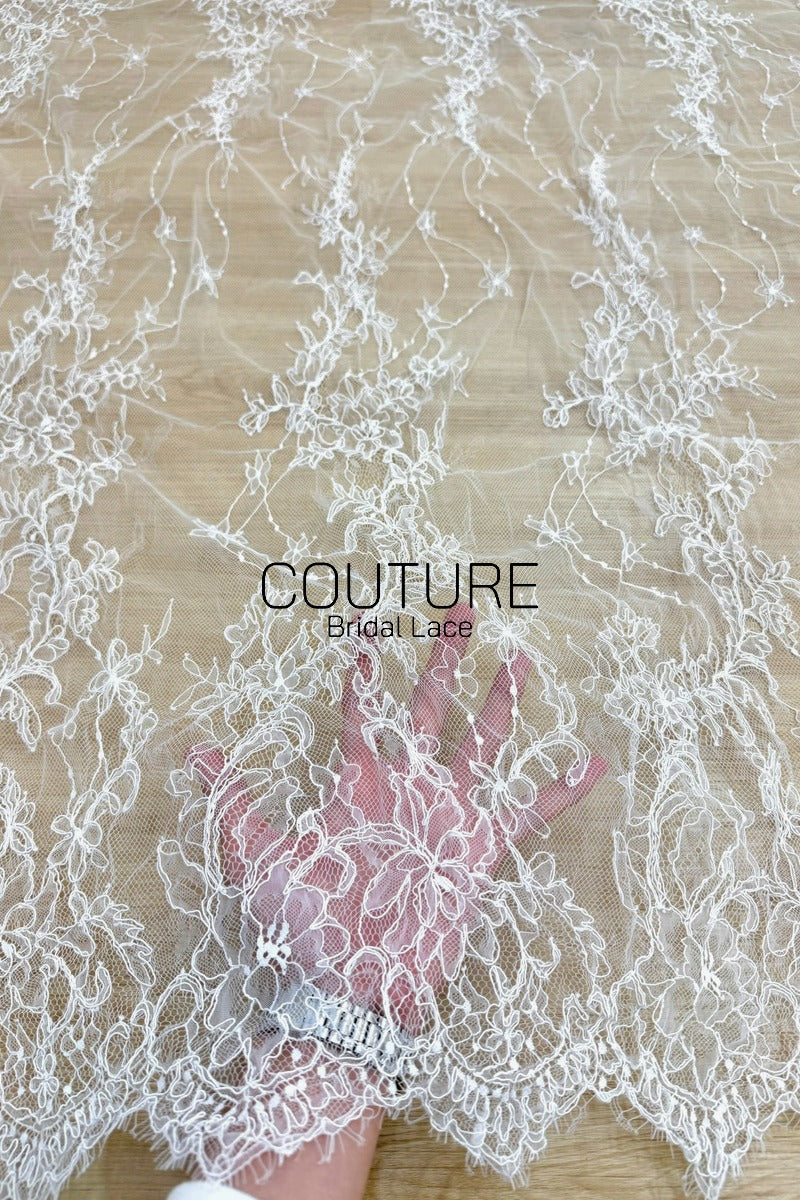 Corded Chantilly French Lace: White Trailing Vine Waterfall with Floral Scalloped Border, 3 Meters
