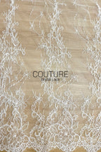 Corded Chantilly French Lace: White Trailing Vine Waterfall with Floral Scalloped Border, 3 Meters