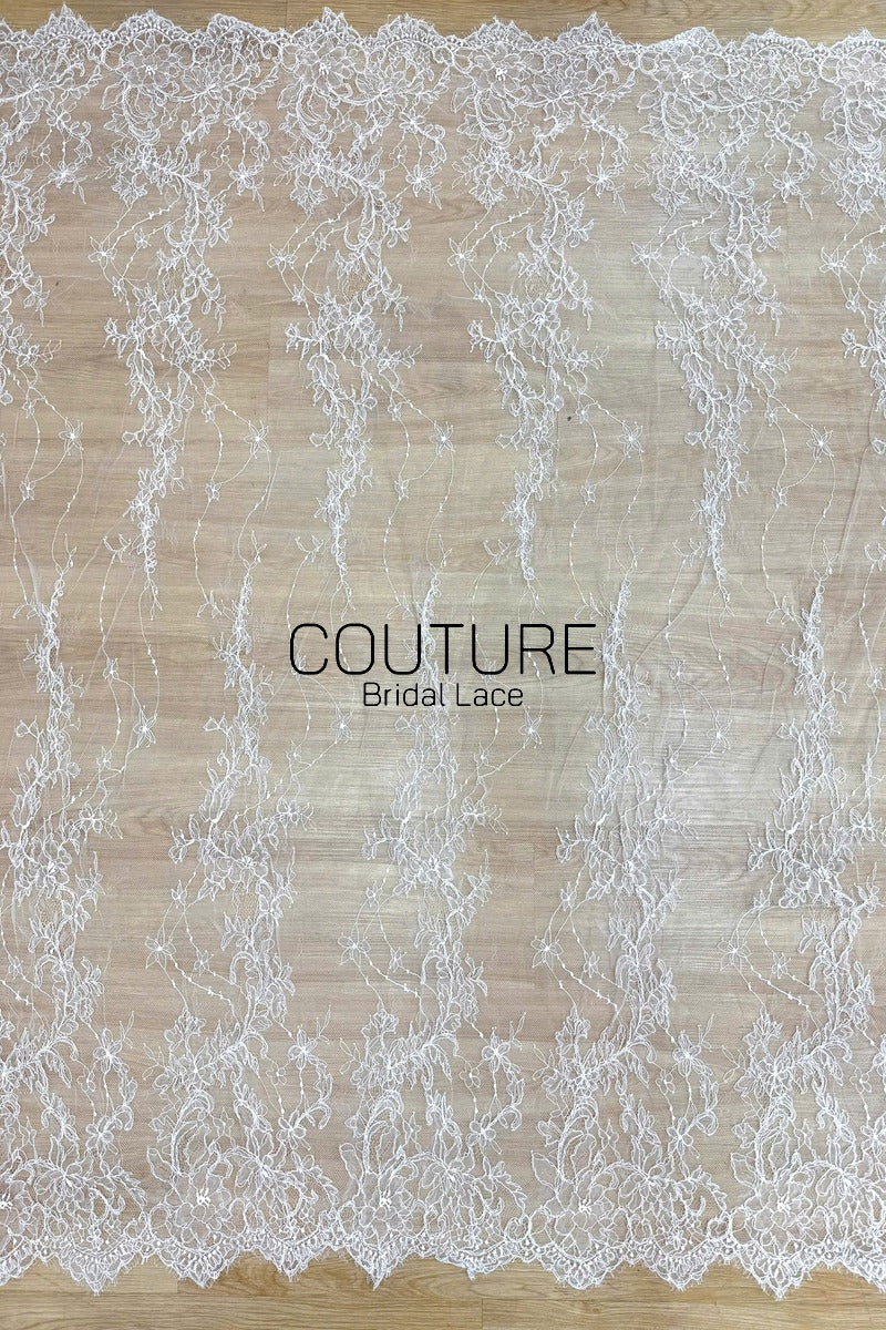Corded Chantilly French Lace: White Trailing Vine Waterfall with Floral Scalloped Border, 3 Meters