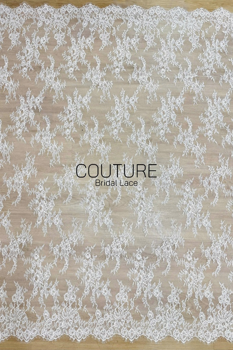 Corded Chantilly French Lace: White Scattered Rose Bud Vine Sprays with Eyelash Scalloped Border, 3 Meters
